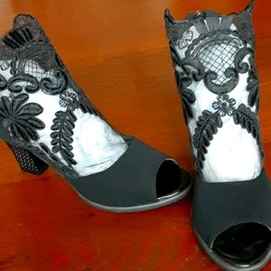 Unique black dressy open toe heeled booties